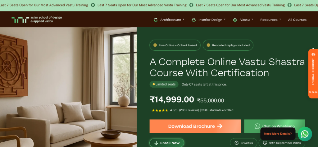 ASDAV online Vastu Shastra certification course page showing 6-week program at Rs 14,999