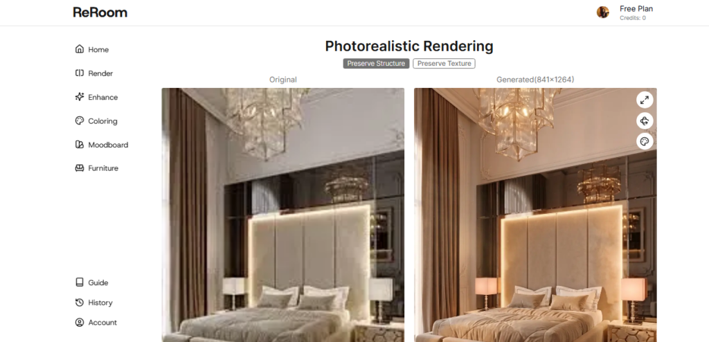 ReRoom feature: Compare original and generated images side by side