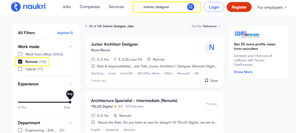 remote job opportunities for Interior designers worldwide on Naukri.