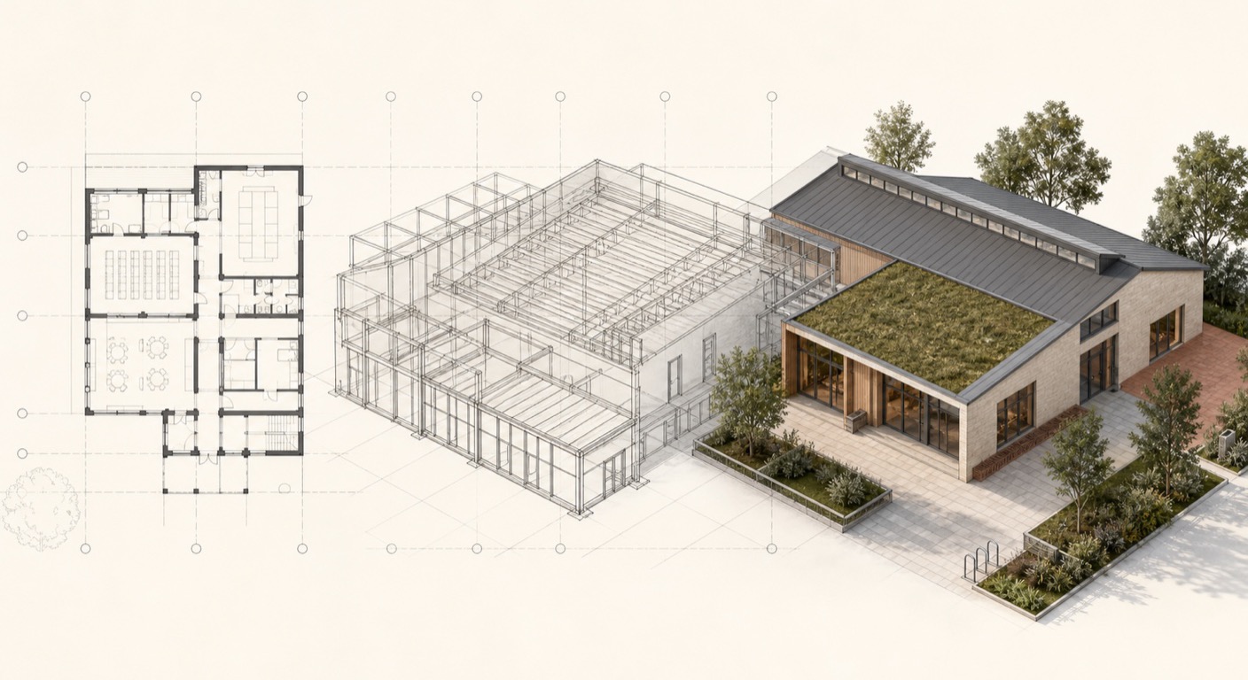 Week 1 Revit fundamentals shown as a plan-to-BIM architectural transition