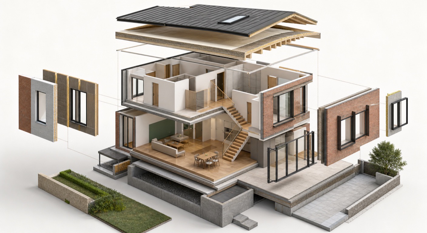 Week 2 Revit modelling shown through an exploded architectural axonometric