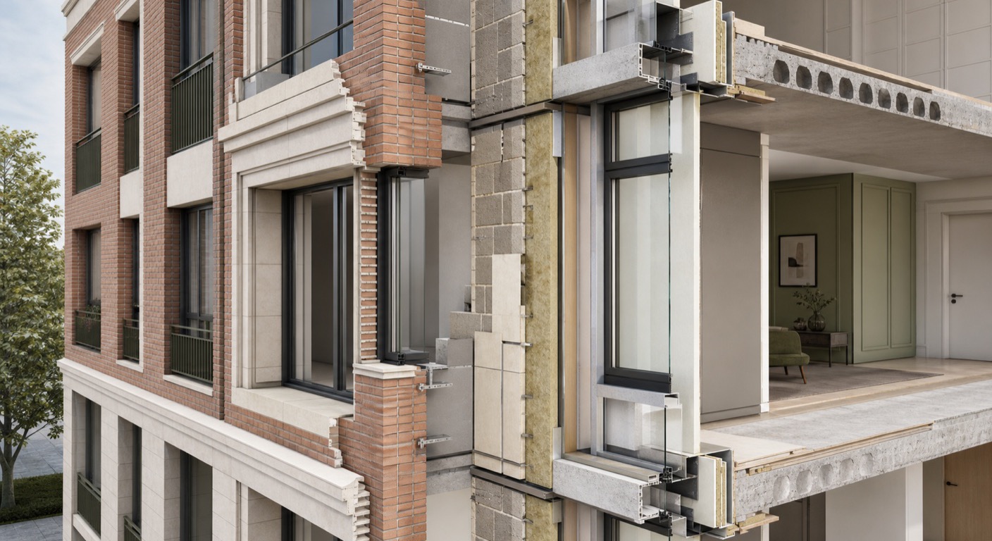 Week 3 architectural wall and curtain-wall systems shown in a detailed BIM cutaway