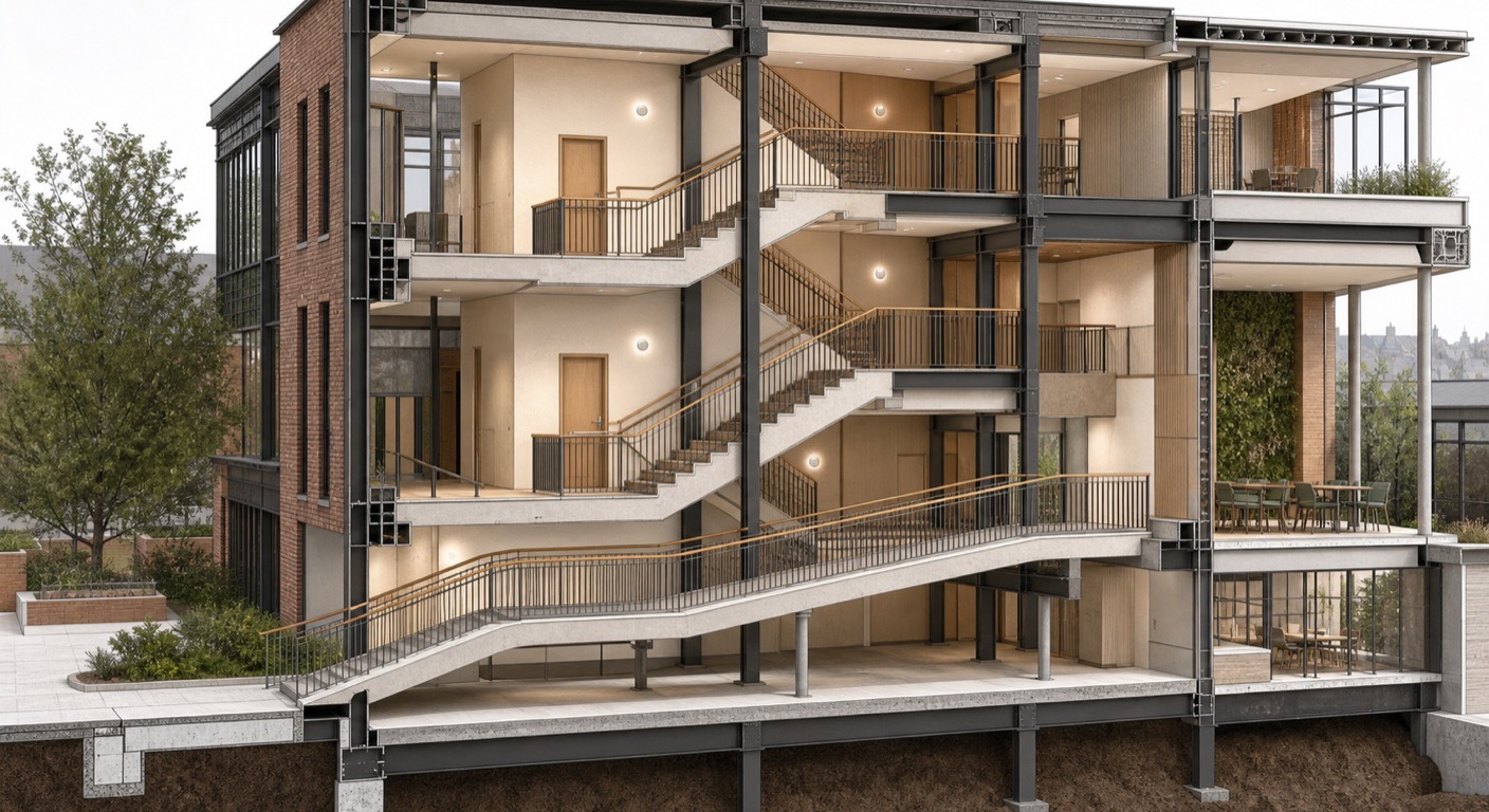 Week 5 stairs, ramps, circulation, and structure shown in a sectional BIM model