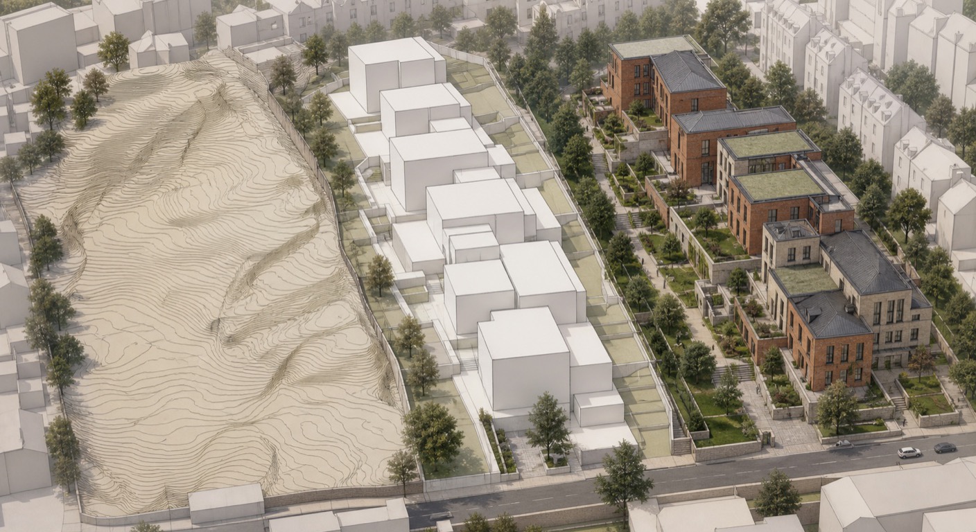 Week 8 site topography and conceptual massing developed into a resolved urban proposal