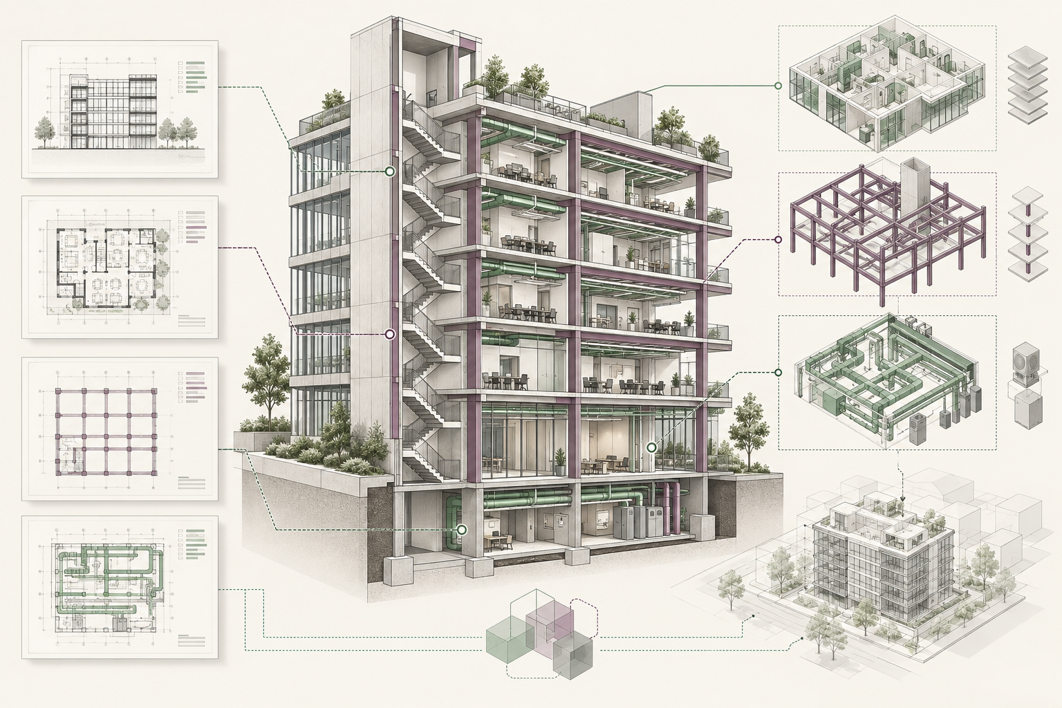 Architectural, structural and building-services models coordinated with project drawings