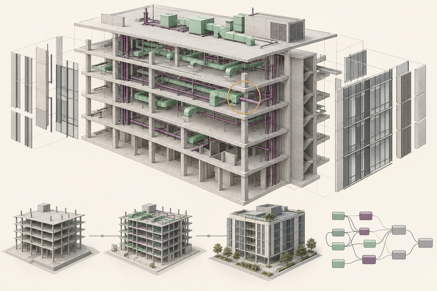 BIM building model illustrating clash coordination, construction stages and visual programming