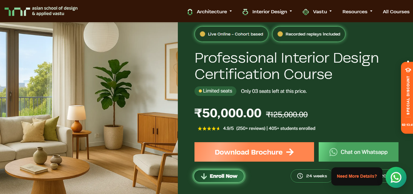 ASDAV Professional Interior Design Certification Course page showing a living room and live-online course details.