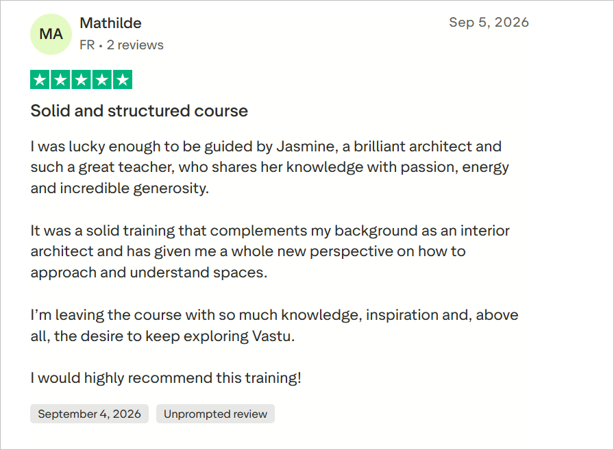 Trustpilot review from Mathilde praising instructor Jasmine and ASDAV’s structured interior design training.
