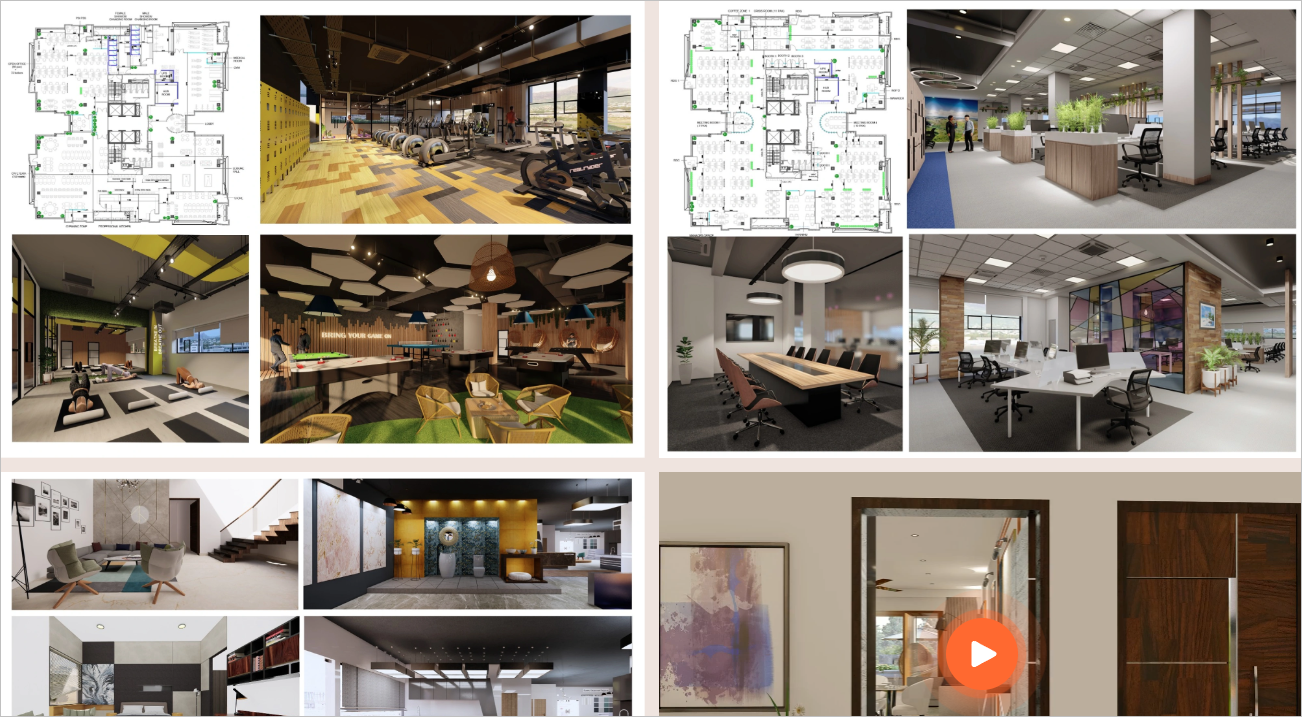 Student interior design project collage showing gym, office, reception, and meeting-room plans and 3D renderings.