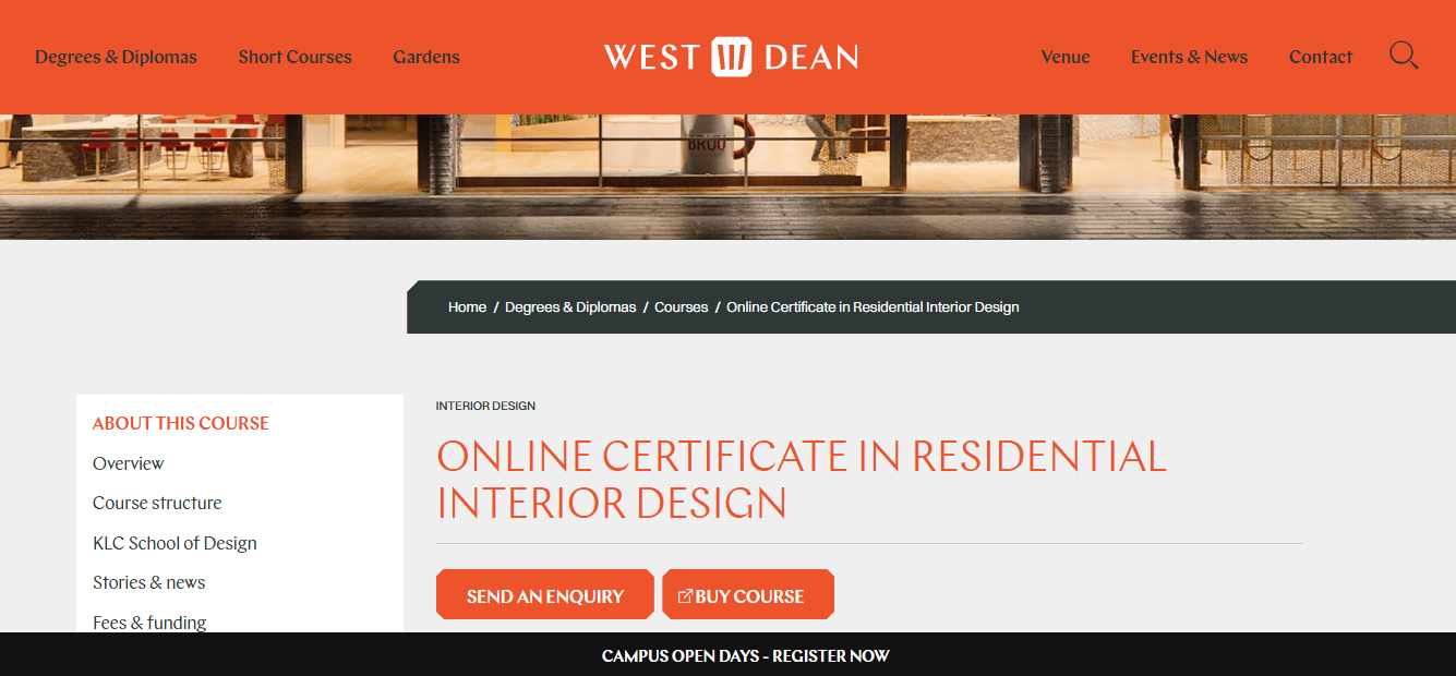 West Dean course page for KLC School of Design’s online certificate in residential interior design.
