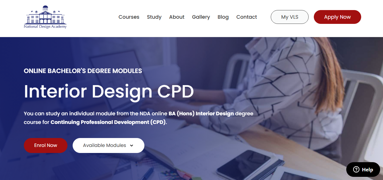 National Design Academy online Interior Design CPD course page with a student studying at a desk.