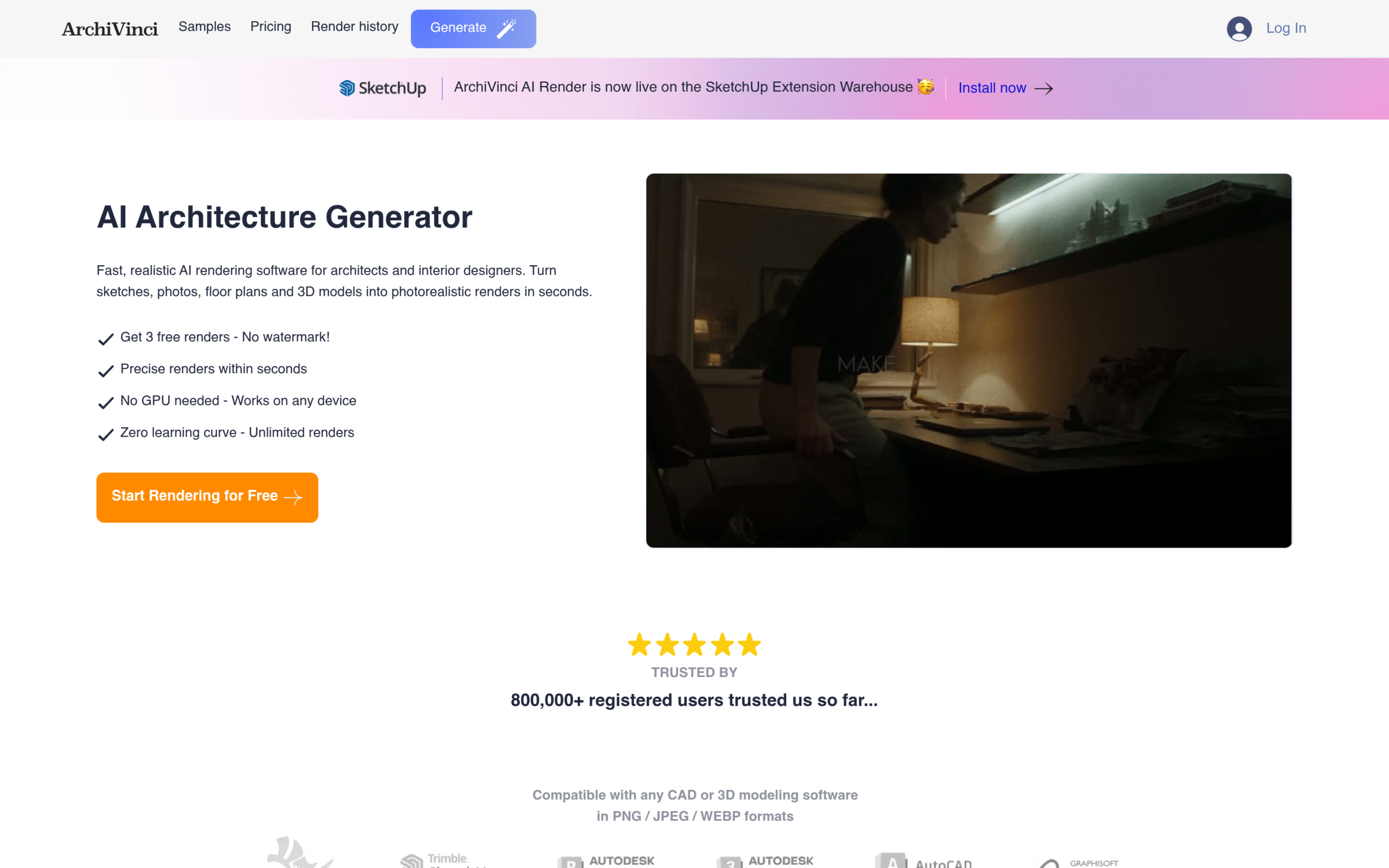 ArchiVinci website showing AI rendering web app for architecture