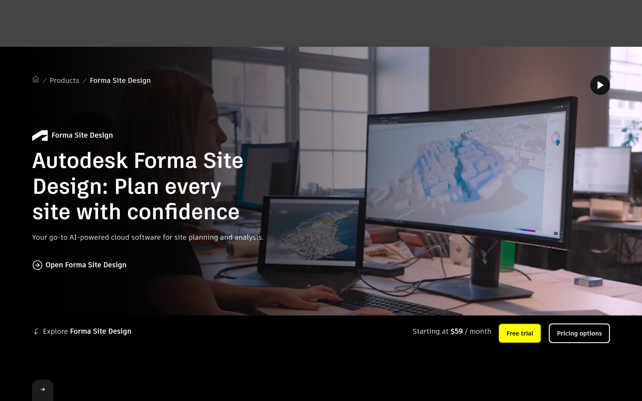 Autodesk Forma website showing early-phase site design and environmental analysis