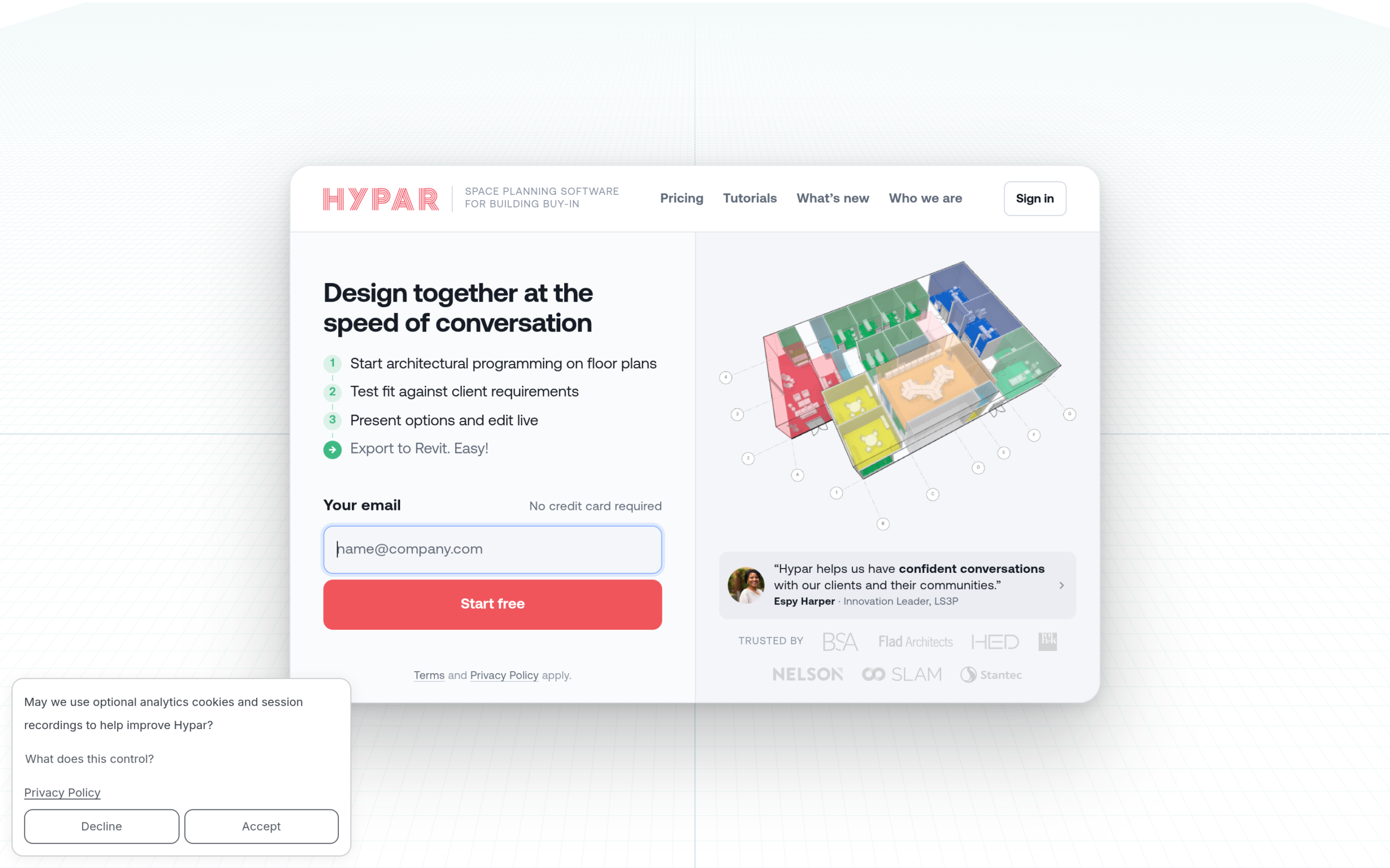 Hypar website showing cloud space planning software for architects