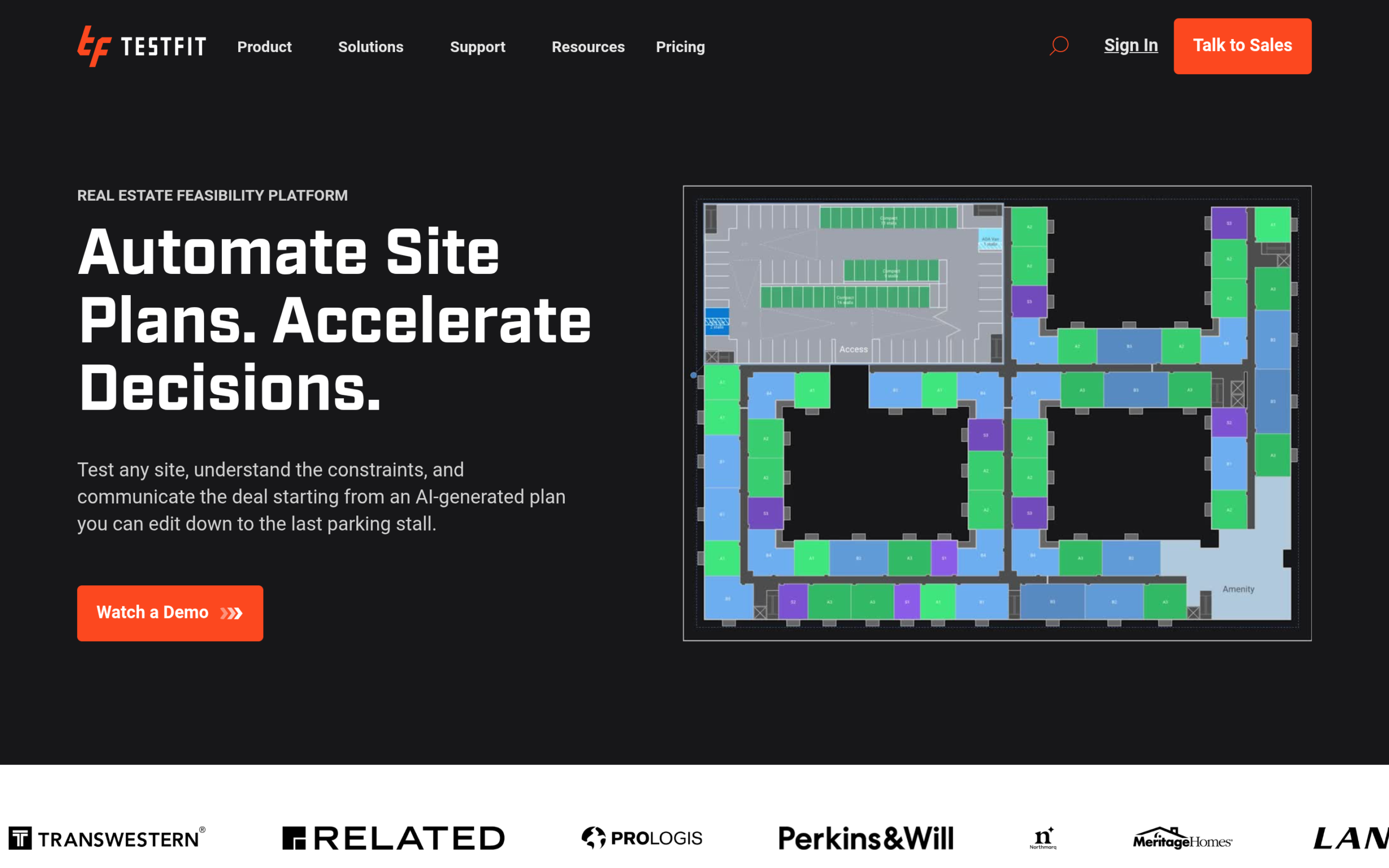 TestFit website showing real estate feasibility and site planning software