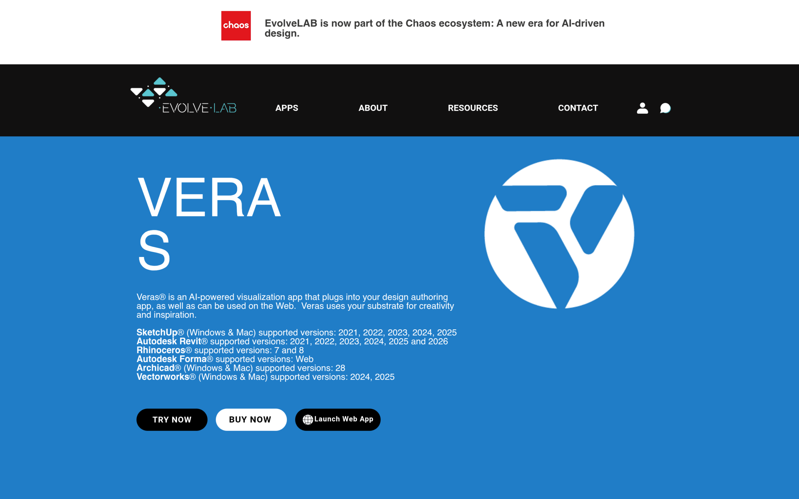 Veras by EvolveLAB website showing AI visualization plugin for Revit and SketchUp