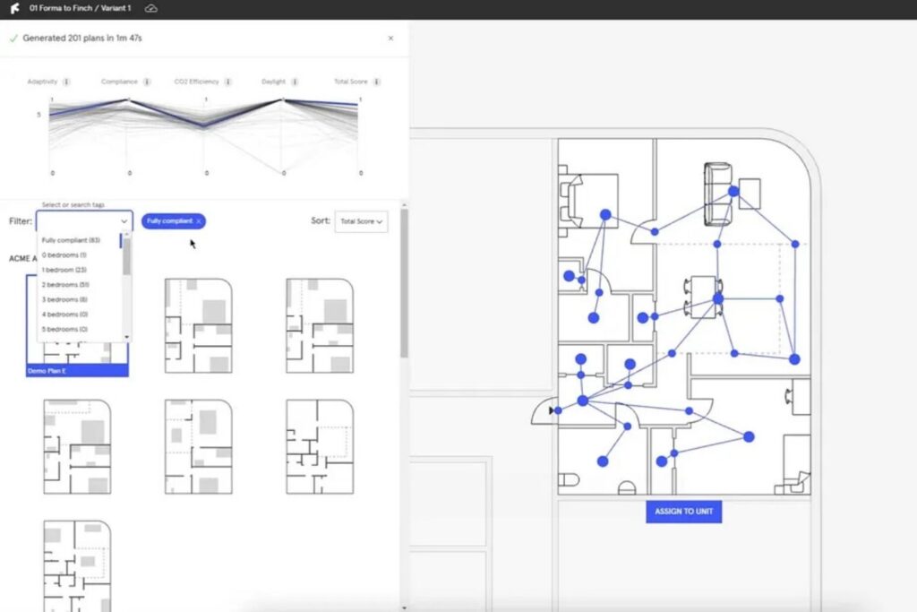 Finch 3D interface showing generated floor plan options with performance metrics