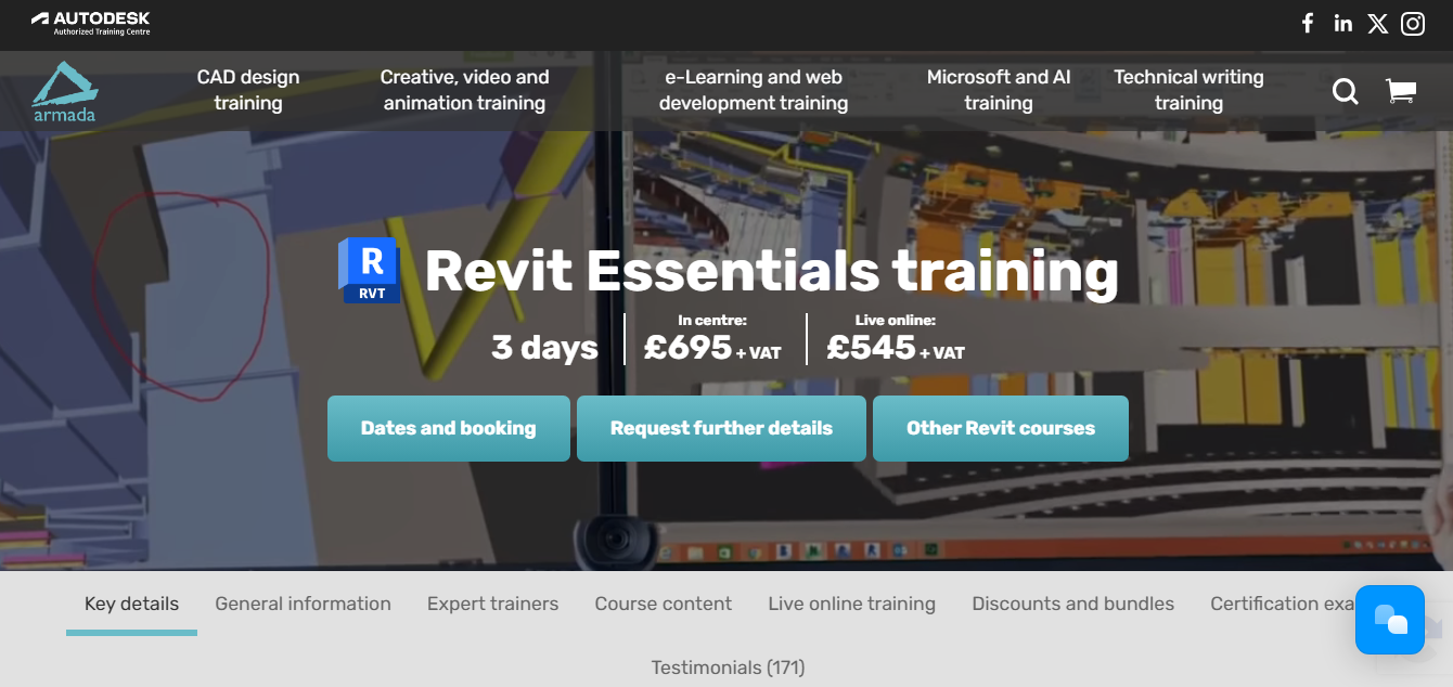 Armada Revit Essentials page showing a three-day course with in-centre and live-online pricing.
