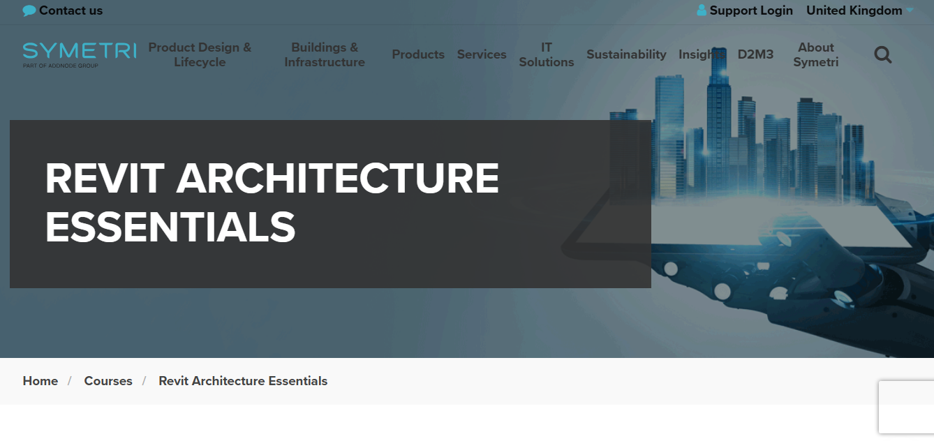 Symetri Revit Architecture Essentials course banner over a city skyline illustration.