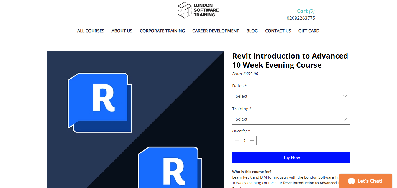London Software Training Revit Introduction to Advanced 10-week evening course page.