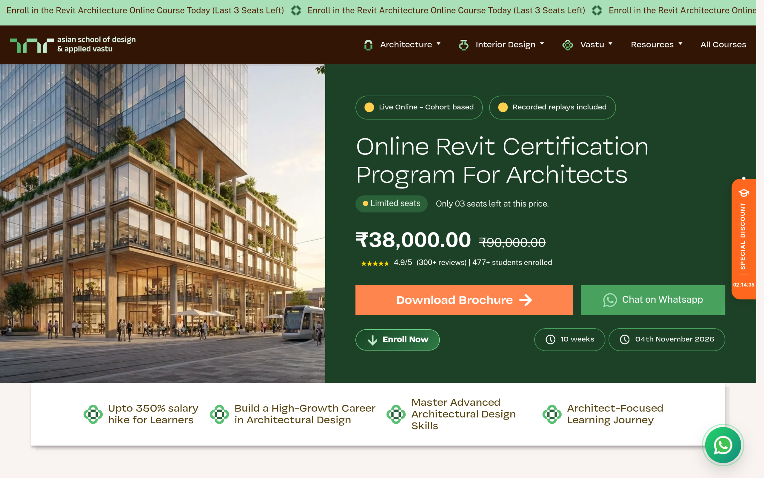 Online Revit Certification Program for Architects course page showing 10-week program at Rs 38,000