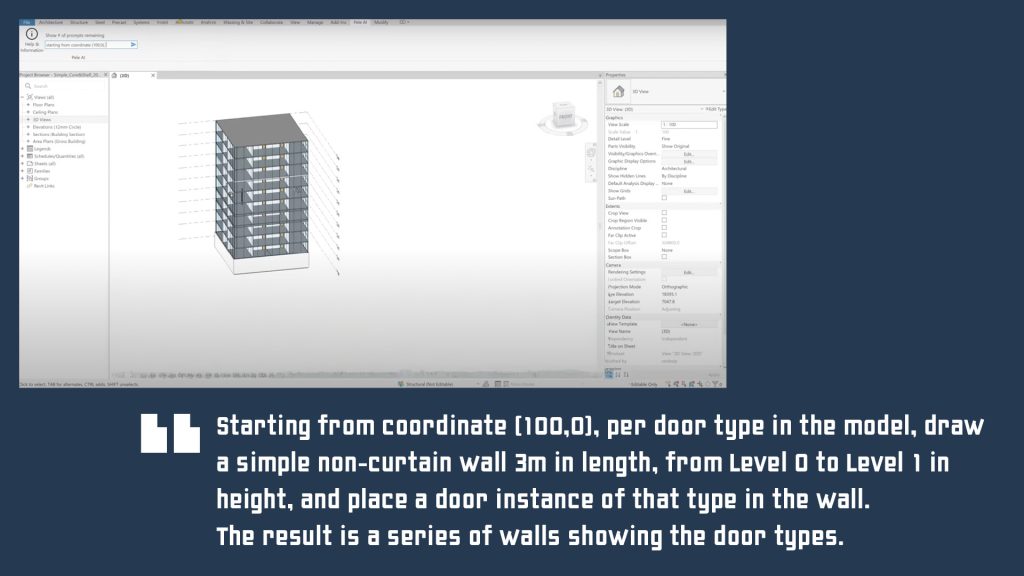 Pele AI in Revit, executing a plain English prompt to create walls and doors in a model