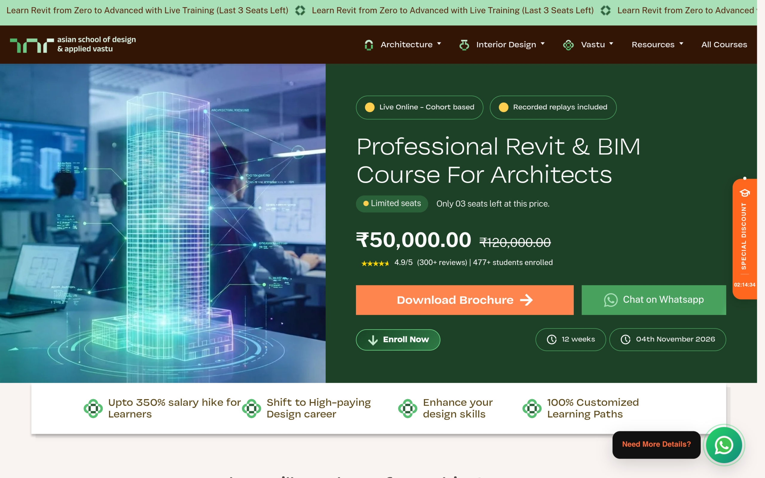 Professional Revit and BIM Course for Architects course page showing 12-week program at Rs 50,000