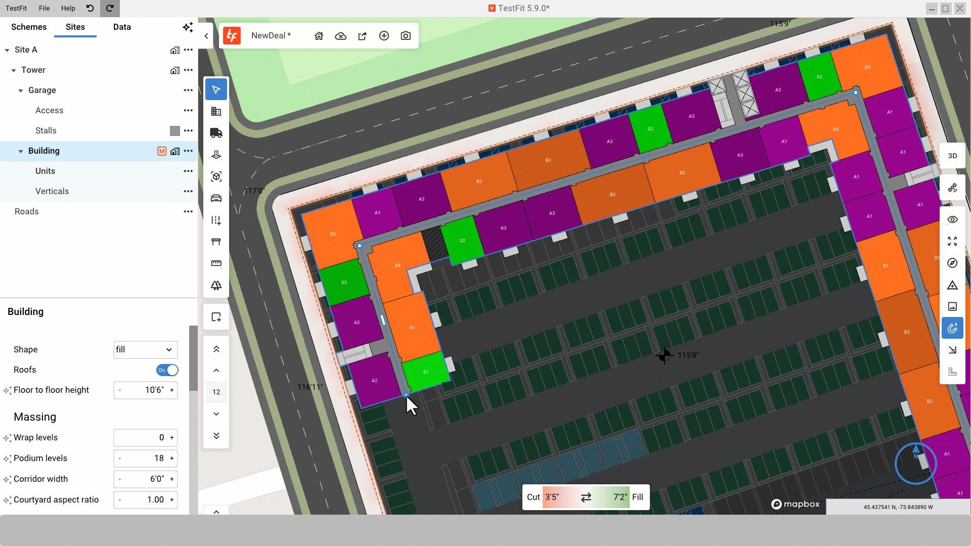 TestFit interface showing a site plan with unit mix, massing and parking layout