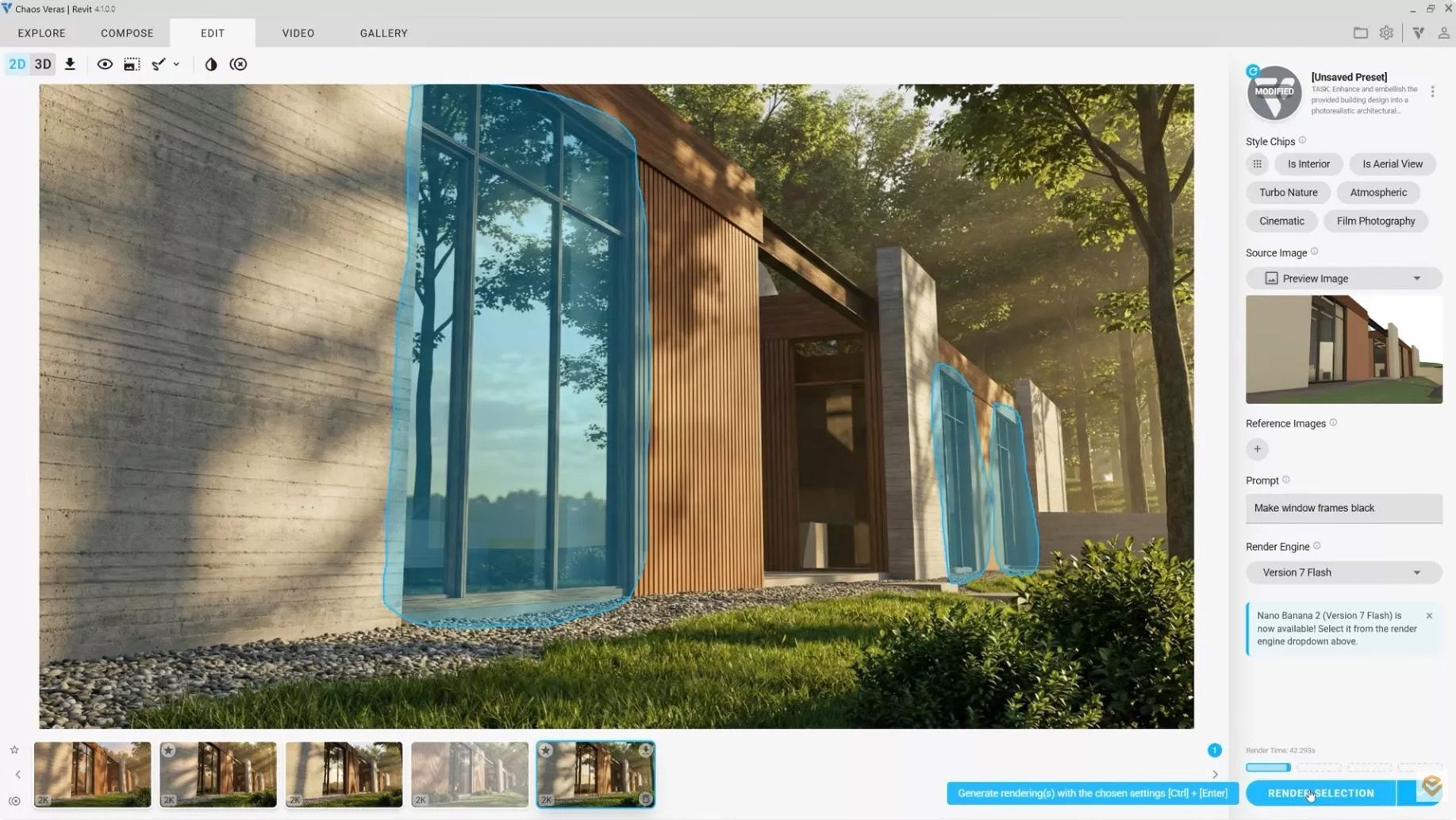 Veras AI rendering inside Revit, showing a rendered house exterior with prompt controls and render selection